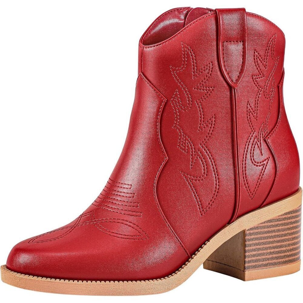 Women's Polyurethane Red Embroidered Round Toe Short Ankle Chunky Heel Boots